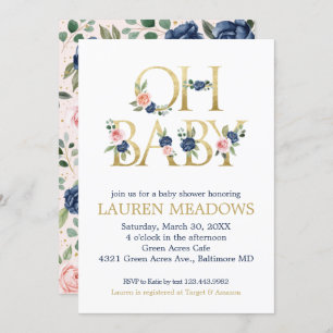 Oh Baby Watercolor Navy & Coral Floral Baby Shower Invitation