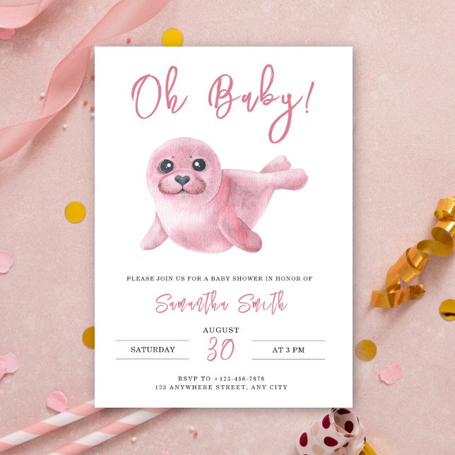 Oh Baby! Watercolor Pink Seal Baby Shower Invitation (Creator Uploaded)