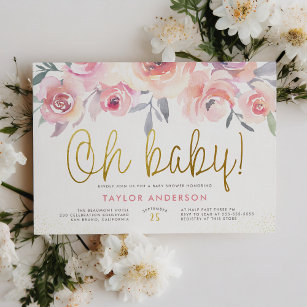 Oh Baby Watercolor Roses Greenery Gold Baby Shower Invitation Postcard