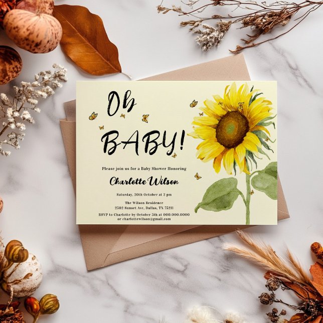 Oh Baby! Watercolor Sunflower Baby Shower Invitation (Creator Uploaded)
