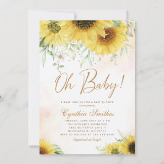 Oh Baby Watercolor Sunflower Floral Baby Shower Invitation