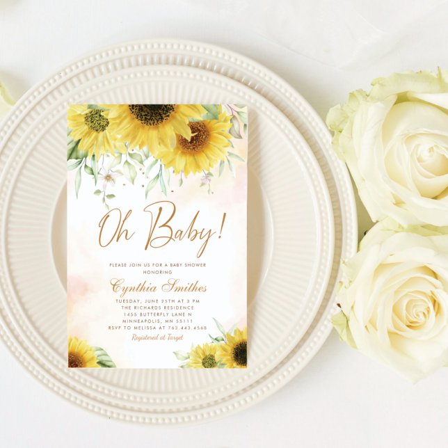 Oh Baby Watercolor Sunflower Floral Baby Shower    Invitation (Creator Uploaded)