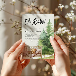 Oh Baby Watercolor Woodland Teddy Bear Baby Shower Invitation