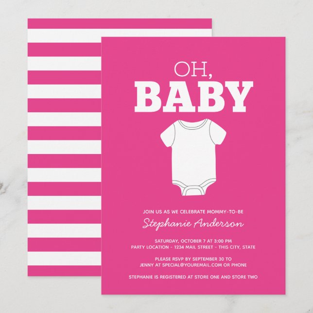 Oh Baby - Whimsical Tee Hot Pink Girl Shower Invitation (Front/Back)