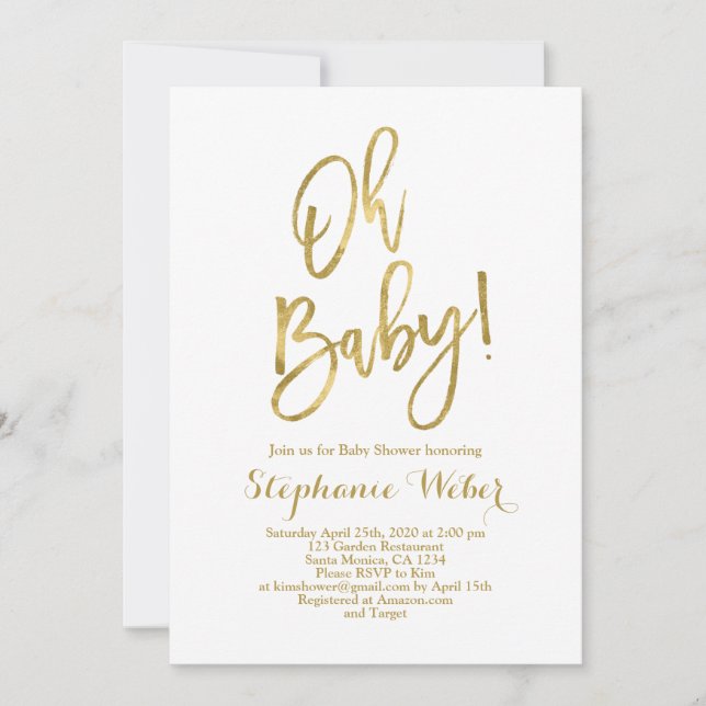 Oh Baby white and gold baby shower Invitation (Front)