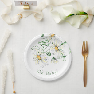 Oh Baby White Daisies Shower  Paper Plate