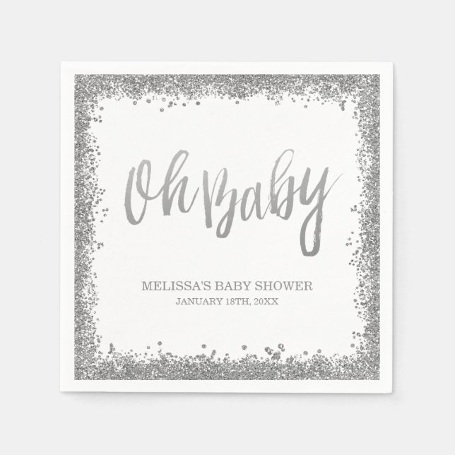 Oh Baby White Silver Faux Glitter Baby Shower Napkin (Front)