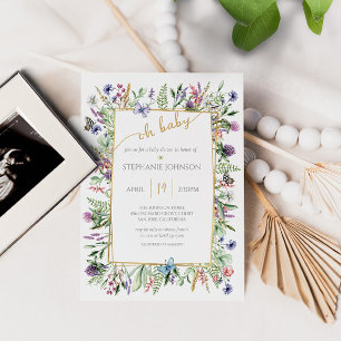 Oh Baby Wildflower Garden Gold Frame Baby Shower Invitation