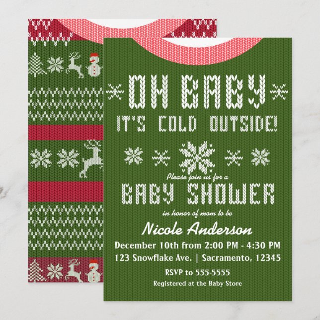 OH BABY Winter Baby Shower Knit Sweater Red Green Invitation (Front/Back)