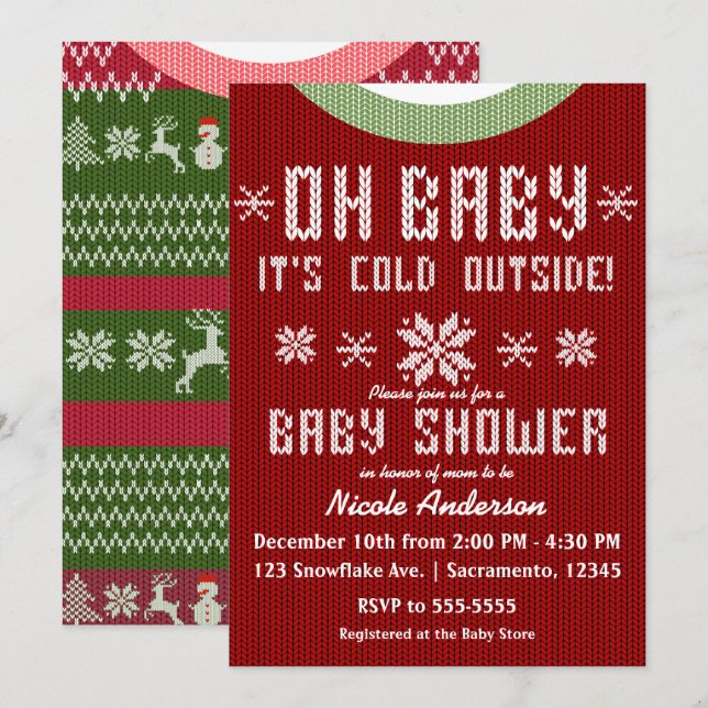 OH BABY Winter Baby Shower Knit Sweater Red Green Invitation (Front/Back)