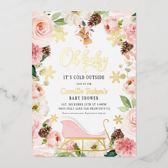 Oh Baby Winter Girl Baby Shower Pink and Gold Foil (Front)