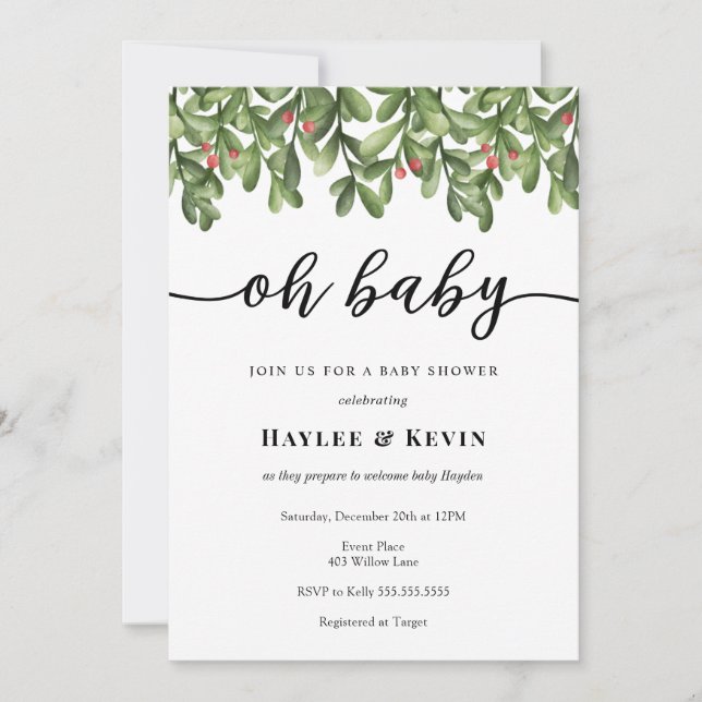 "Oh Baby" Winter Greenery Baby Shower invitation (Front)