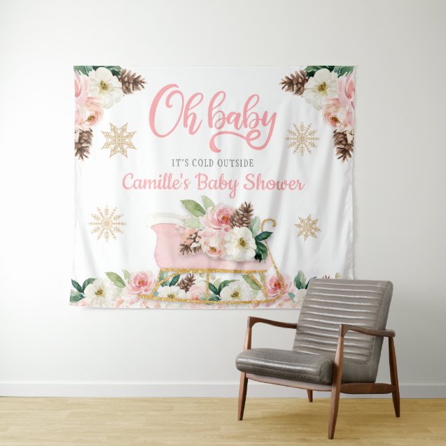 Oh Baby Winter Pink Floral Baby Shower Backdrop Tapestry (In Situ (Horizontal))