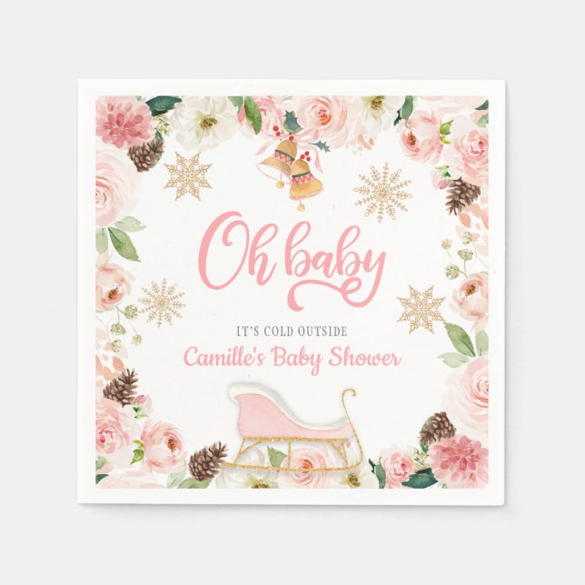 Oh Baby Winter Pink Girl Baby Shower Napkin (Front)