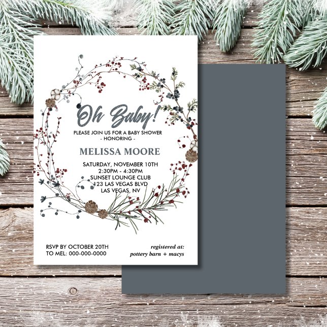 Oh baby winterberry greenery pinecones invitation (Creator Uploaded)