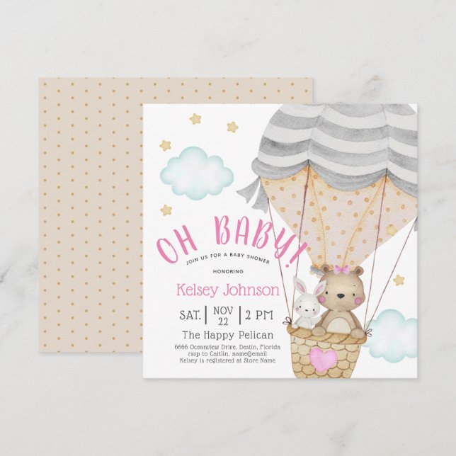 Oh Baby Woodland Teddy Bear Pink Baby Shower Invitation (Front/Back)