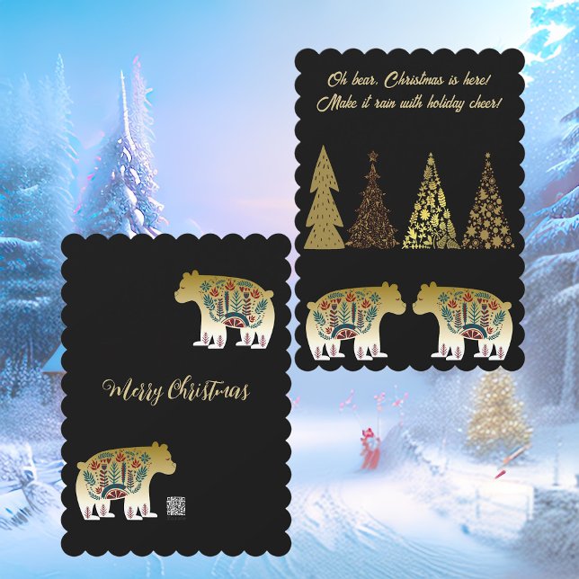 Oh Bear Christmas is Here Golden Pines Black Cute Holiday Card (Oh Bear Christmas is Here Golden Pines Black Cute Holiday Card)