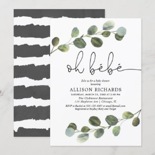 Oh bebe black white greenery french baby shower invitation