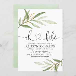 Oh bebe French greenery gold gender neutral shower Invitation
