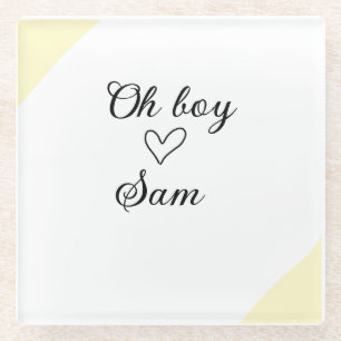 oh boy add name baby shower kids text heart yellow glass coaster