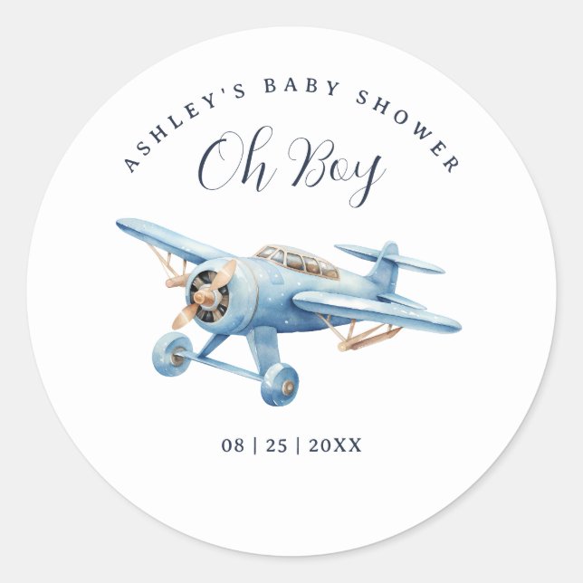 Oh Boy! Adventure Awaits Aeroplane Boy Baby Shower Classic Round Sticker (Front)