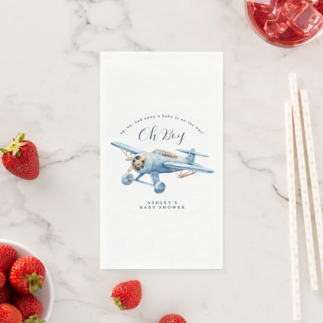 Oh Boy! Adventure Awaits Aeroplane Boy Baby Shower Napkin (Insitu)