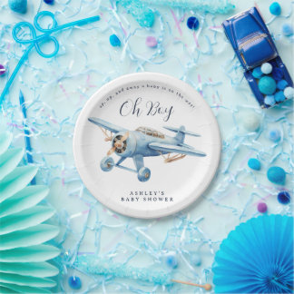 Oh Boy! Adventure Awaits Airplane Boy Baby Shower Paper Plate