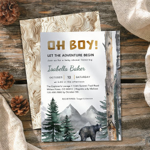 Oh Boy Adventure Begin   Woodland Bear Baby Shower Invitation