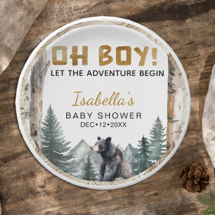 Oh Boy Adventure Begin Woodland Bear Baby Shower Paper Plate