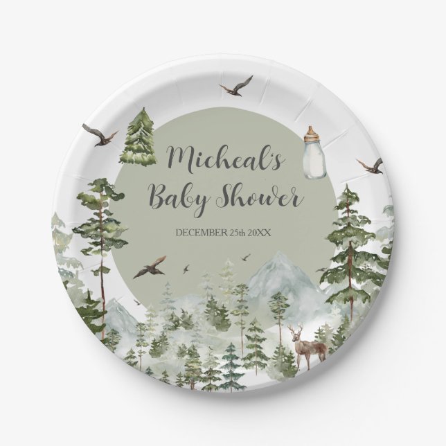 Oh Boy Adventure Pine Forest Baby Shower Paper Plate (Front)