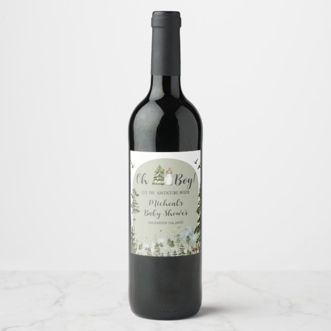 Oh Boy Adventure Pine Forest Baby Shower Wine Label (Front)