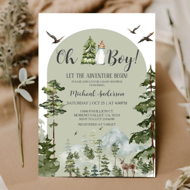 Oh Boy Adventure Pine Forest Christmas Baby Shower Invitation (Creator Uploaded)