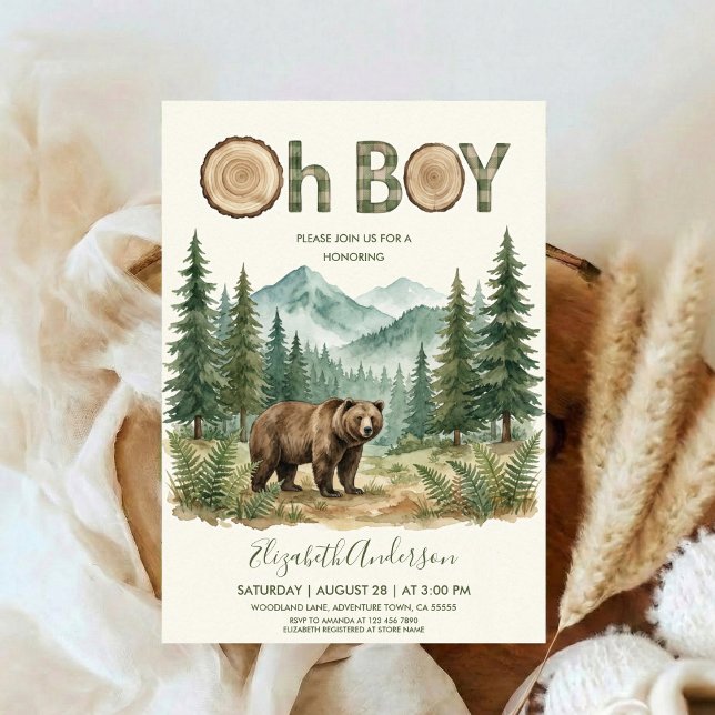 Oh Boy Adventure Woodland Bear Baby Shower Invitation (Creator Uploaded)