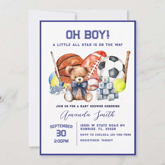 Oh Boy ALL STAR SPORT Baby Shower Invitation (Front)