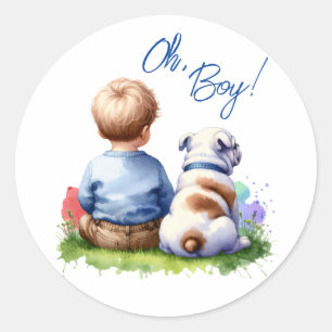 Oh, Boy! Baby and Bulldog Baby Shower Classic Round Sticker
