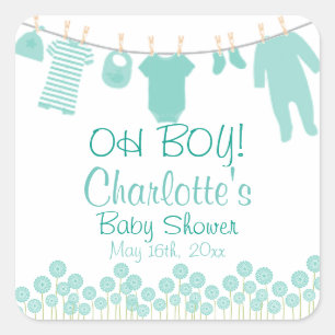 OH BOY! Baby Clothesline Baby Shower Square Sticker