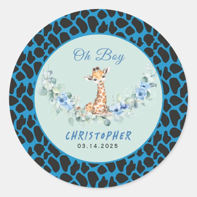 Oh Boy! Baby Giraffe Baby Shower  Classic Round Sticker (Front)