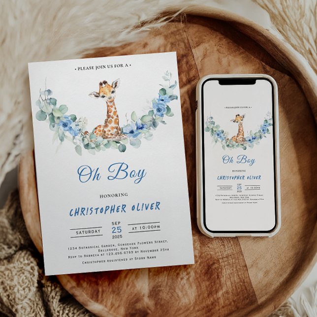 Oh Boy! Baby Giraffe Baby Shower Invitation (Creator Uploaded)
