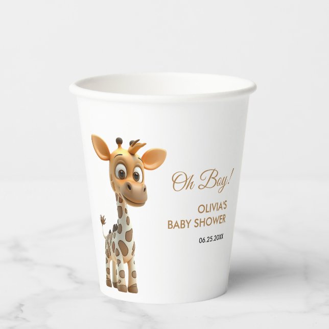 Oh Boy Baby Giraffe Cute Boy Baby Shower  Paper Cups (Front)