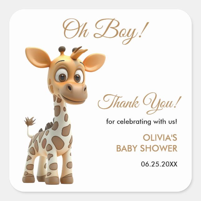 Oh Boy Baby Giraffe Cute Boy Baby Shower Thank You Square Sticker (Front)