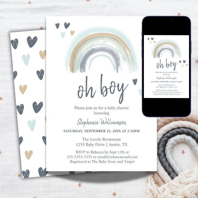 Oh Boy Baby Shower Blue Boho Rainbow Invitation (Creator Uploaded)