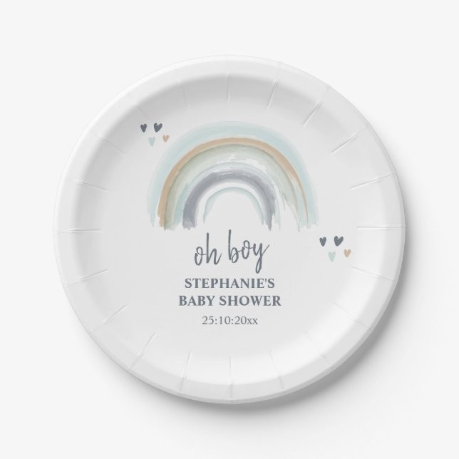 Oh Boy Baby Shower Blue Boho Rainbow  Napkins Paper Plate (Front)