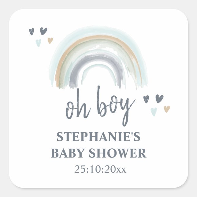 Oh Boy Baby Shower Blue Boho Rainbow Square Sticke Sticker (Front)