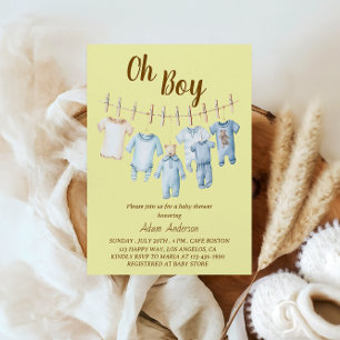 Oh Boy Baby Shower   Blue Clothesline Theme  Invitation