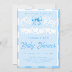 Oh Boy Baby Shower Blue Gingham Bow Invitation