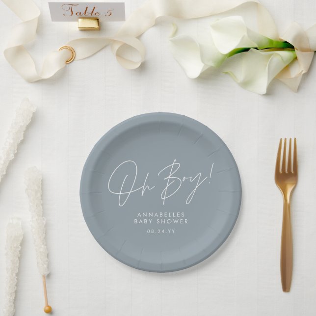 oh boy Baby shower blue script modern elegant  Paper Plate (Wedding)