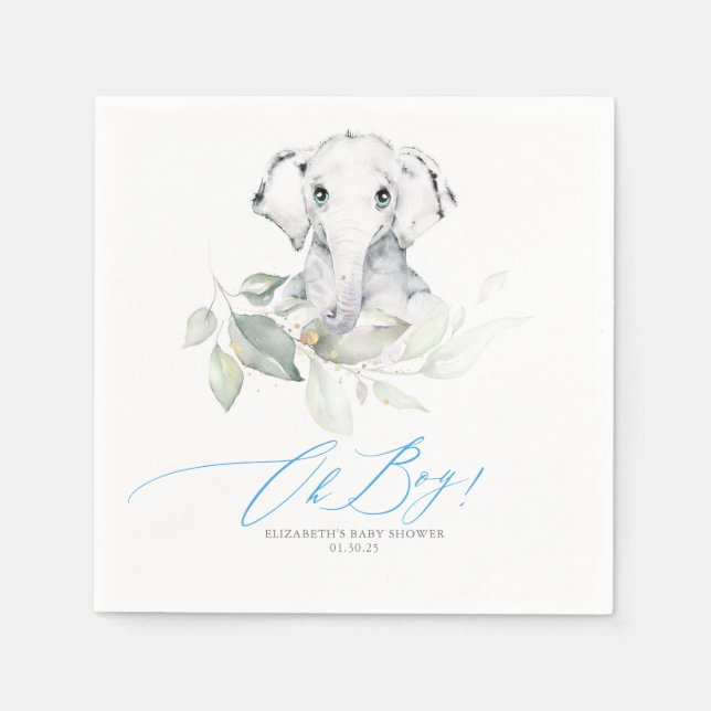 Oh Boy Baby Shower Elephant Greenery Napkin (Front)