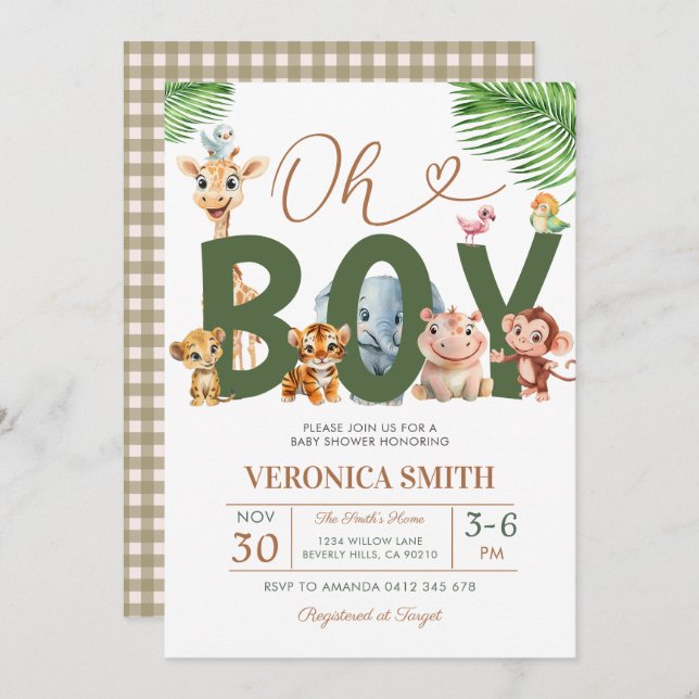 Oh Boy Baby Shower Forest Animals Greenery Floral Invitation (Front/Back)