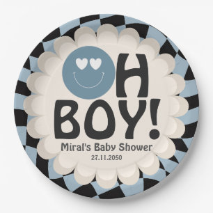 Oh Boy Baby Shower Groovy Blue Happy Face Paper Plate