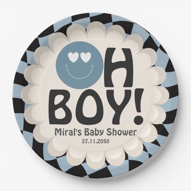 Oh Boy Baby Shower Groovy Blue Happy Face Paper Plate (Front)